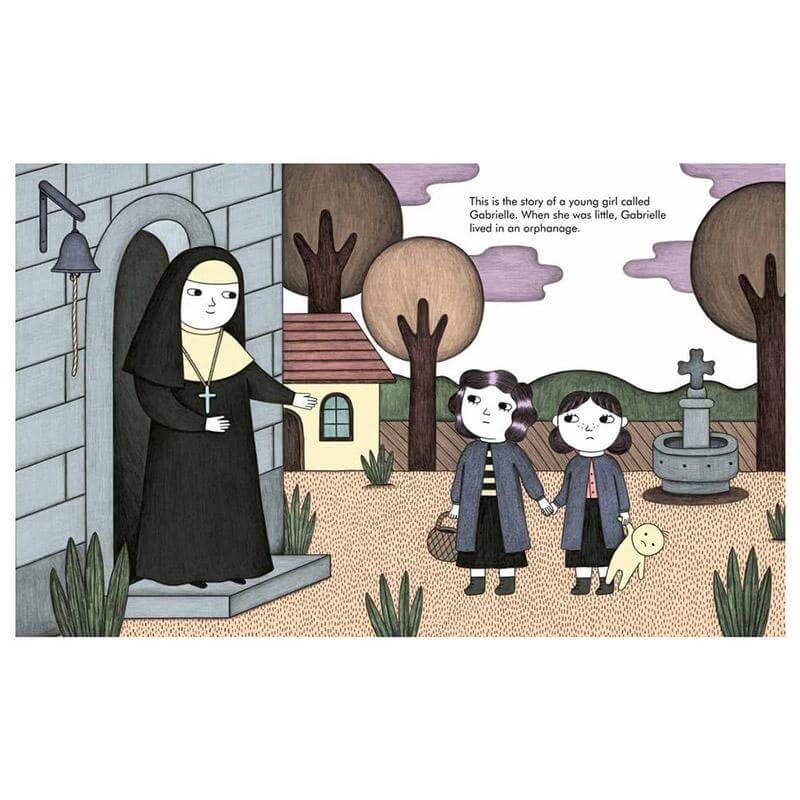 Alt Tag: My First Little People, Big Dreams - Coco Chanel board book illustration of young Gabrielle at an orphanage with a nun