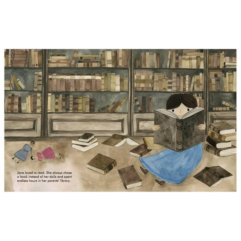 Alt Tag: My First Little People, Big Dreams - Jane Goodall board book illustration of young Jane reading in a library with books scattered