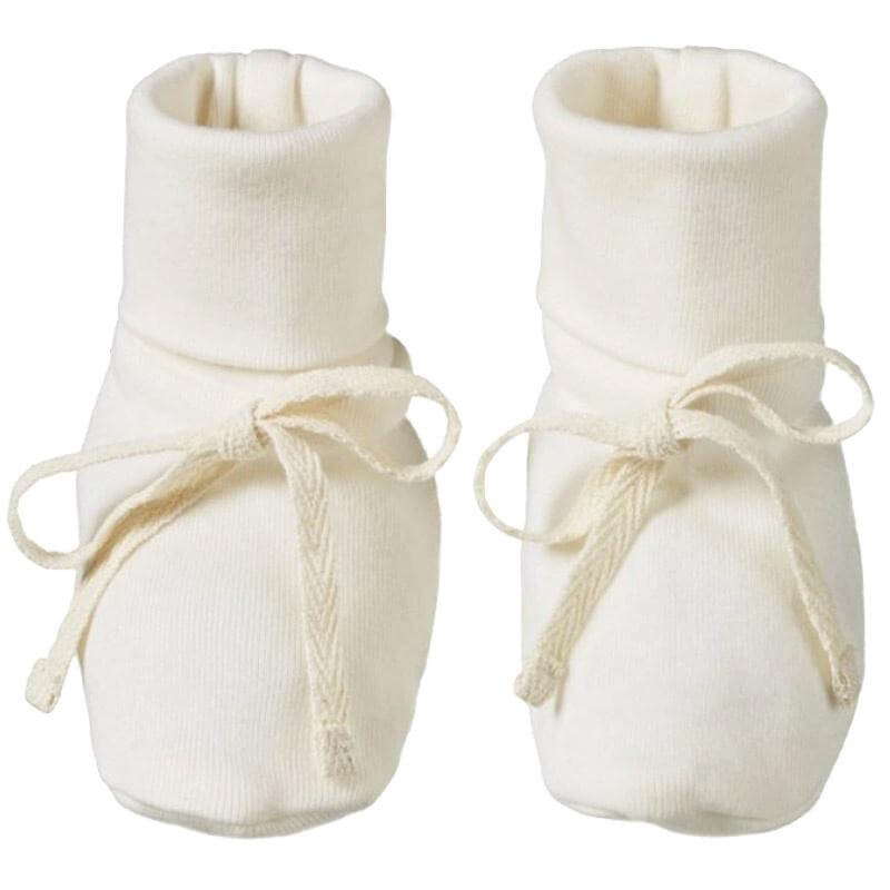 Alt Tag: Nature Baby Organic Cotton Booties - Natural, natural GOTS-certified organic cotton baby booties with fold-down cuff and front bow