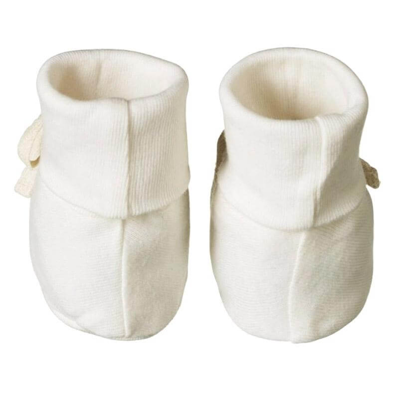 Alt Tag: Nature Baby Organic Cotton Booties - Natural, GOTS-certified organic cotton baby booties with fold-down cuff and front bow