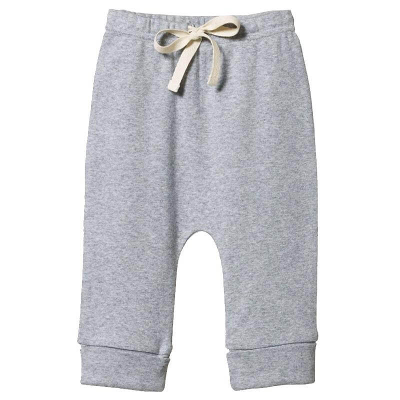 Alt Tag: Nature Baby Organic Cotton Drawstring Pants - Grey Marle baby pants with elastic waistband, adjustable drawstring and cuffed tapered legs