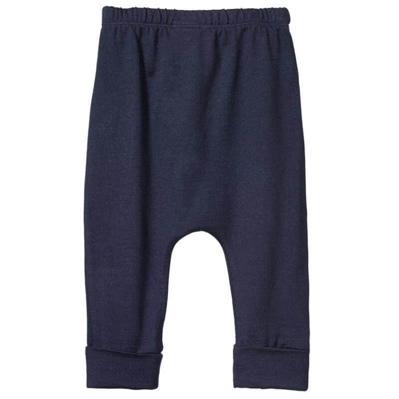 Alt Tag: Nature Baby Organic Cotton Drawstring Pants - Navy navy baby pants with soft elastic waist, tapered cuffed legs for cosy everyday wear