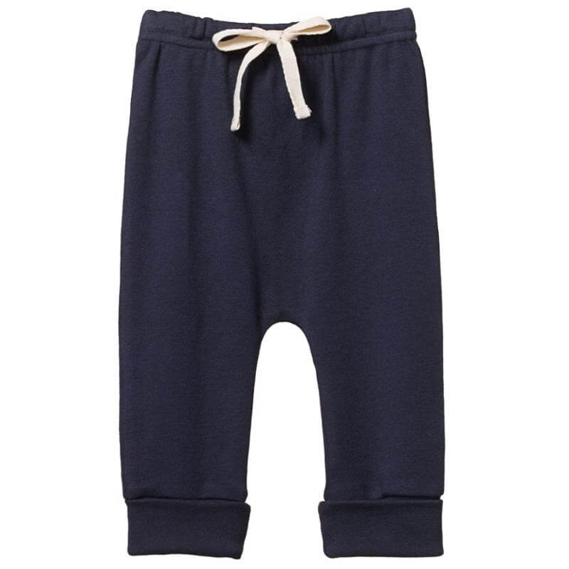 Alt Tag: Nature Baby Organic Cotton Drawstring Pants - Navy with soft elastic waist, drawstring tie and cuffed tapered legs