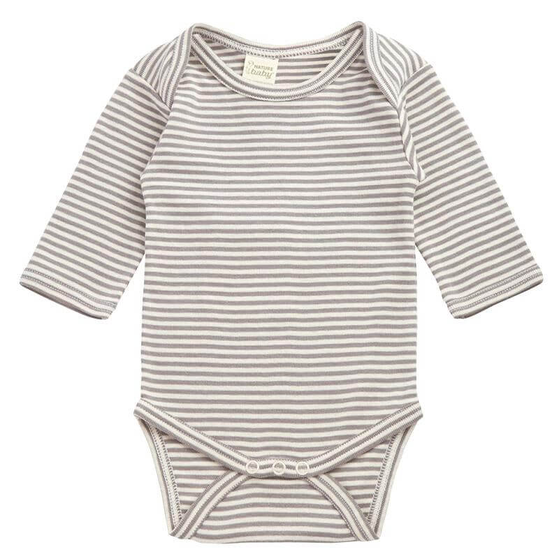 Alt Tag: Nature Baby Organic Cotton Long Sleeve Bodysuit - Grey Marle Stripe, GOTS-certified 100% organic cotton baby bodysuit