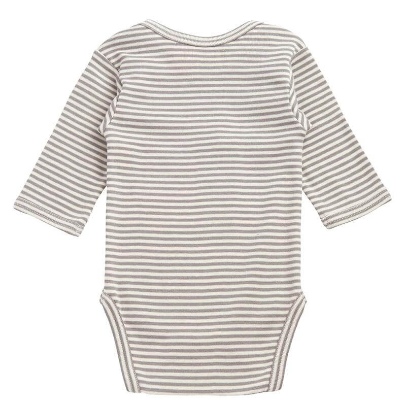 Alt Tag: Nature Baby Organic Cotton Long Sleeve Bodysuit - Grey Marle Stripe grey and white striped long sleeve baby bodysuit