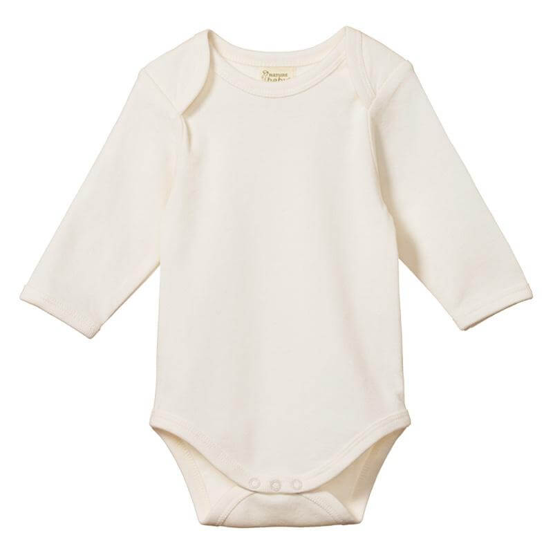 Alt Tag: Nature Baby Organic Cotton Long Sleeve Bodysuit - Natural, GOTS-certified organic cotton baby bodysuit with snap domes, natural color