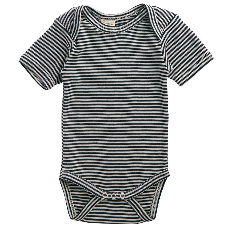 Navy and white striped short sleeved baby bodysuit on a white background