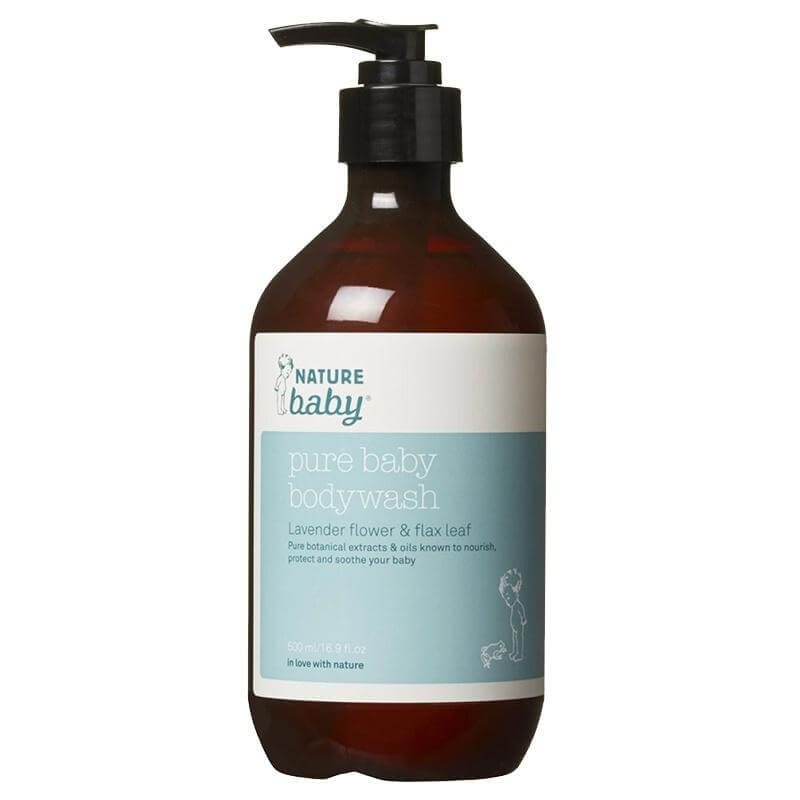 Alt Tag: Nature Baby Pure Baby Body Wash pump bottle with lavender flower and flax leaf gentle formula for sensitive baby skin