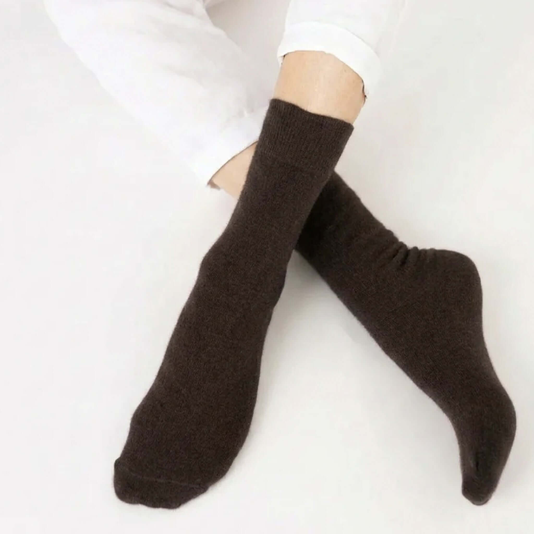 Nooan Hamilton Possum Merino Hamilton Socks - Turkish Coffee worn on feet, showcasing the rich dark brown color and cozy fit.