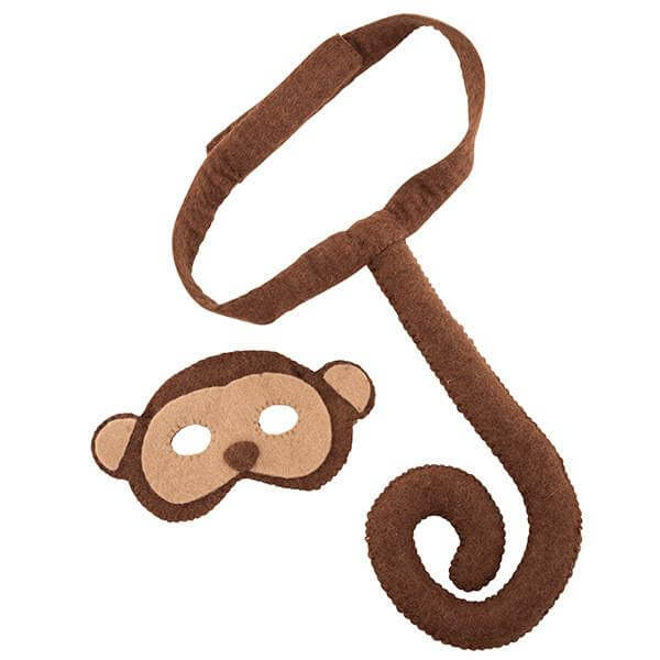 A handmade monkey felt mask and tail set, with the mask being brown and the tail having a brown and beige color with a Velcro closure.