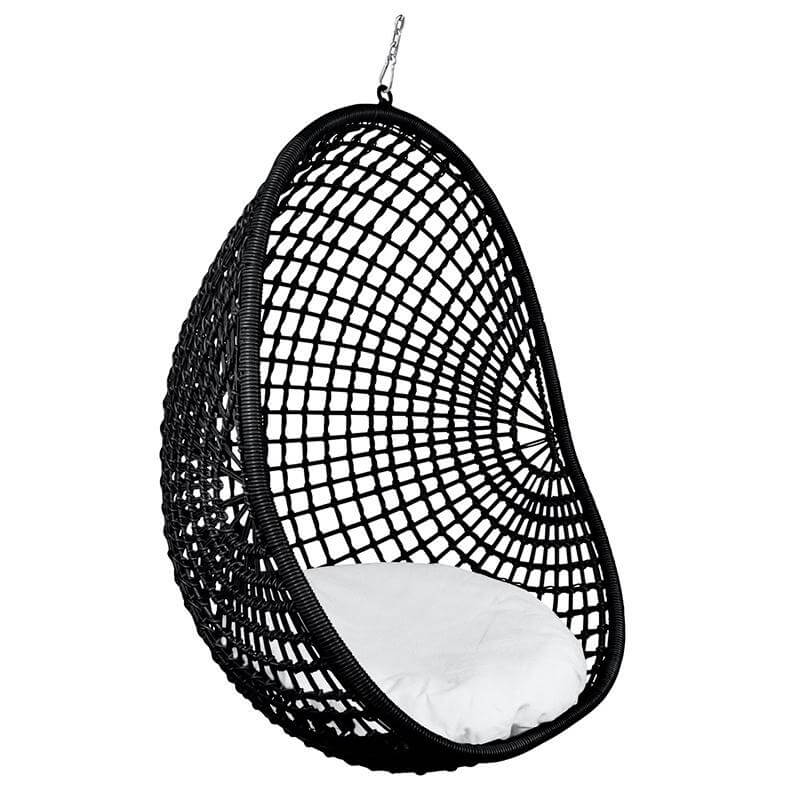 Alt Tag: Synthetic Rattan Outdoor Pod Chair - Check Black hanging egg chair with white cushion, powder-coated frame and rattan weave