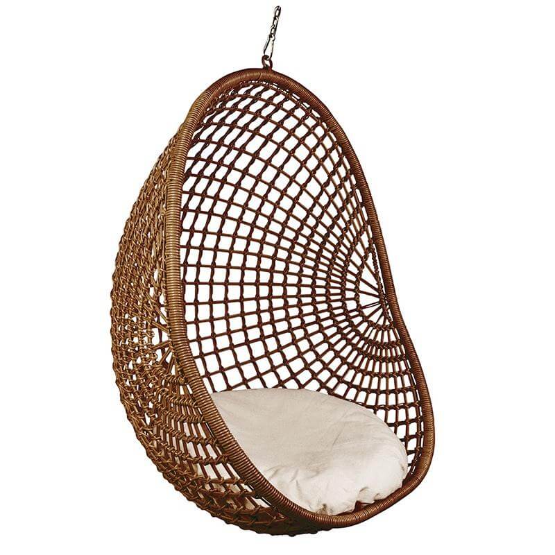 Alt Tag: Synthetic Rattan Outdoor Pod Chair - Check Dark Natural hanging egg chair with cushion, woven rattan look for outdoor deck