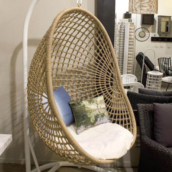 Alt Tag: Pod Chair Stand with U-shaped powder coated steel frame supporting hanging pod chair, indoor showroom display