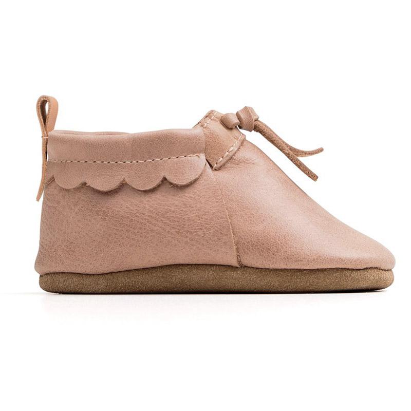 Alt Tag: Pretty Brave Capsule Collection Shoes - MOC Dusky Pink baby leather moccasin shoe with scalloped trim and lace tie, side view
