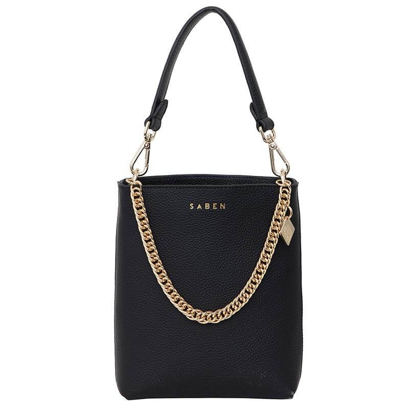 Alt Tag: Saben Coco Mini Bag - Black mini leather bucket bag with gold chain and detachable strap, front view