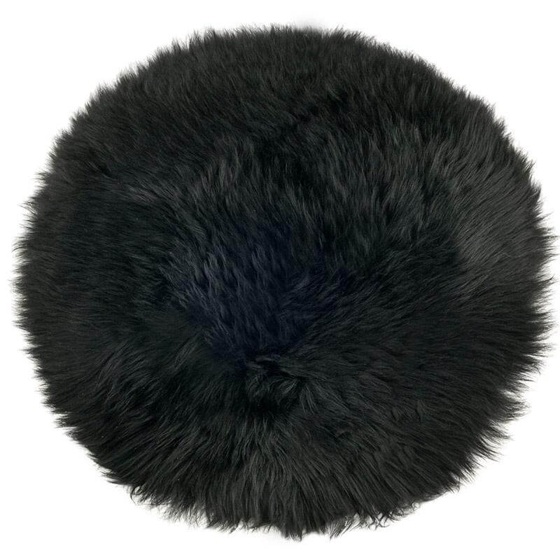 Alt Tag: Long Wool Sheepskin Circle Chair Pad - Black round one-sided chair pad, approx 37cm diameter, plush long wool sheepskin
