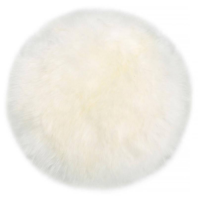 Alt Tag: Long Wool Sheepskin Circle Chair Pad - Ivory round ivory long wool sheepskin chair pad, one-sided 37cm diameter