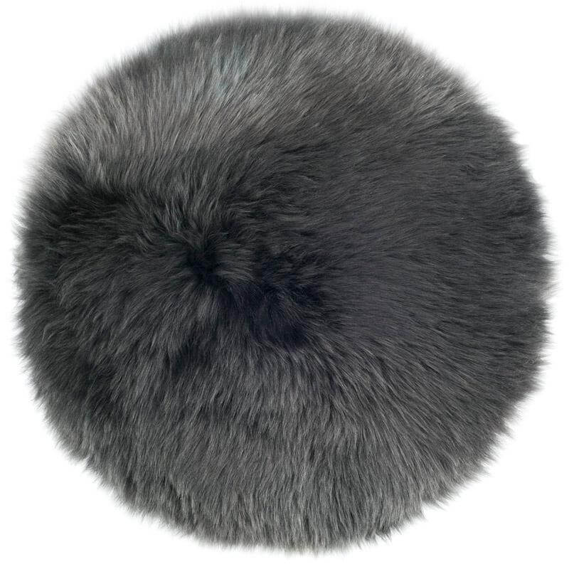 Alt Tag: Long Wool Sheepskin Circle Chair Pad - Steel grey long wool sheepskin round chair pad, 37cm diameter, one-sided comfort pad