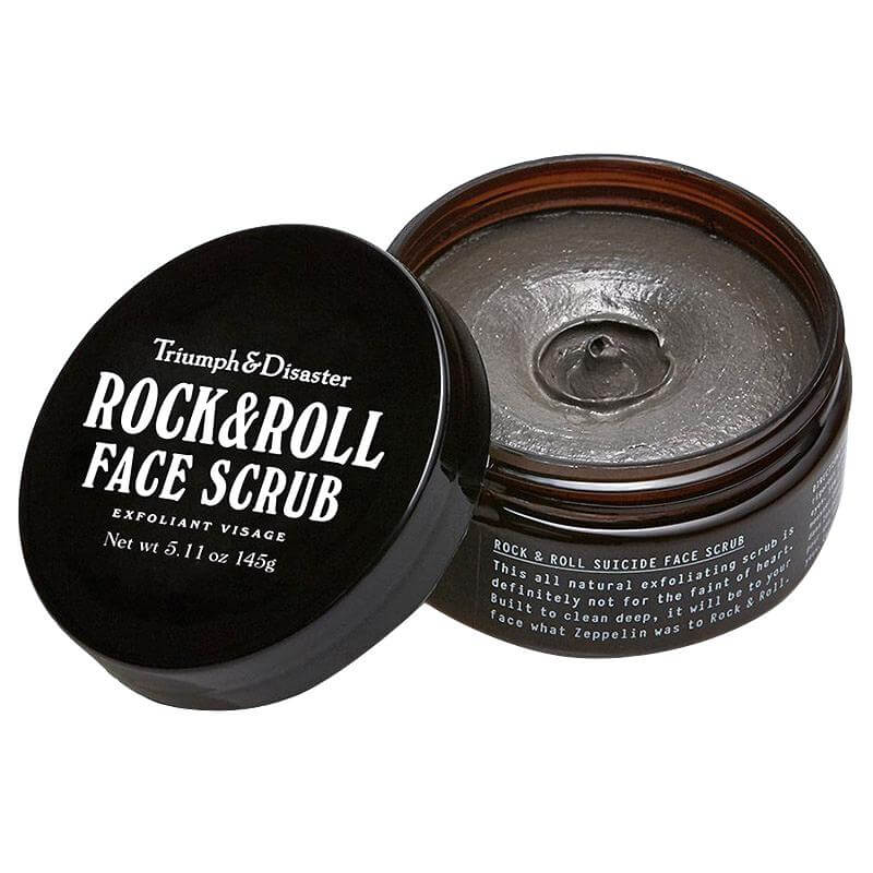 Alt Tag: Triumph & Disaster Rock & Roll Face Scrub open jar and lid, exfoliating face scrub for deep cleansing and smoother, healthier-looking skin