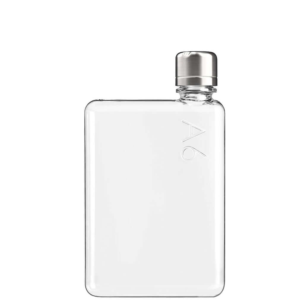 Alt Tag: Memobottle A6 - Transparent flat water bottle with stainless steel cap, A6 paper-size design for pocket, gym, office hydration