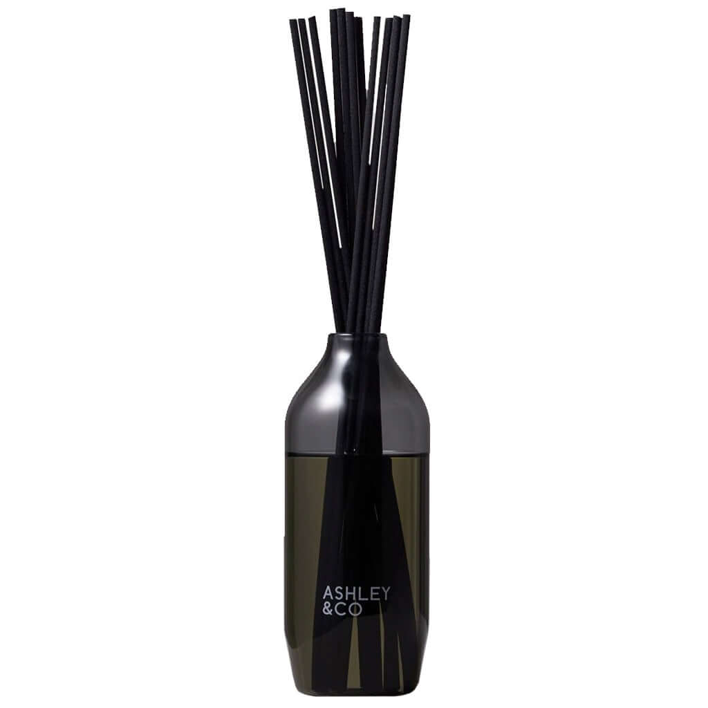 Alt Tag: Ashley & Co Home Perfume Diffusers black reed diffuser bottle with porous wicks, long-lasting home fragrance