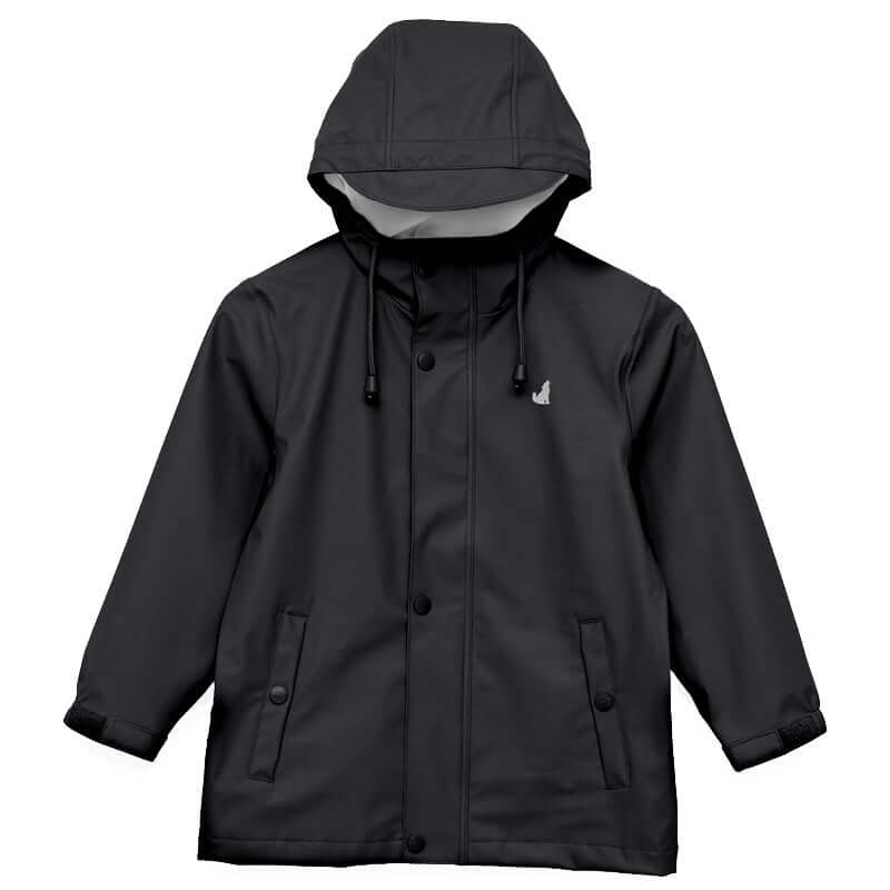 Alt Tag: Crywolf Play Jacket - Black kids waterproof windproof hooded rain jacket made from recycled materials