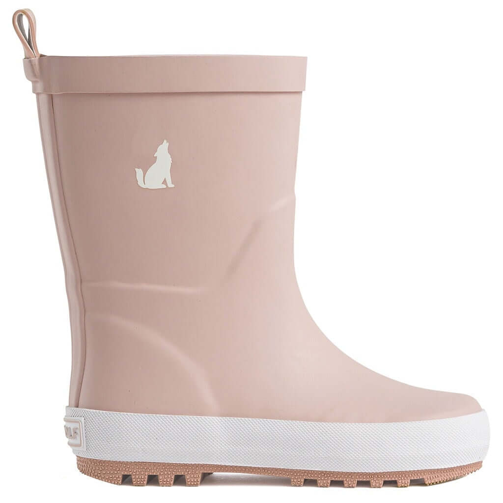 Alt Tag: Crywolf Rain Boots - Dusty Pink kids waterproof natural rubber gumboots with high-grip tread and cotton lining