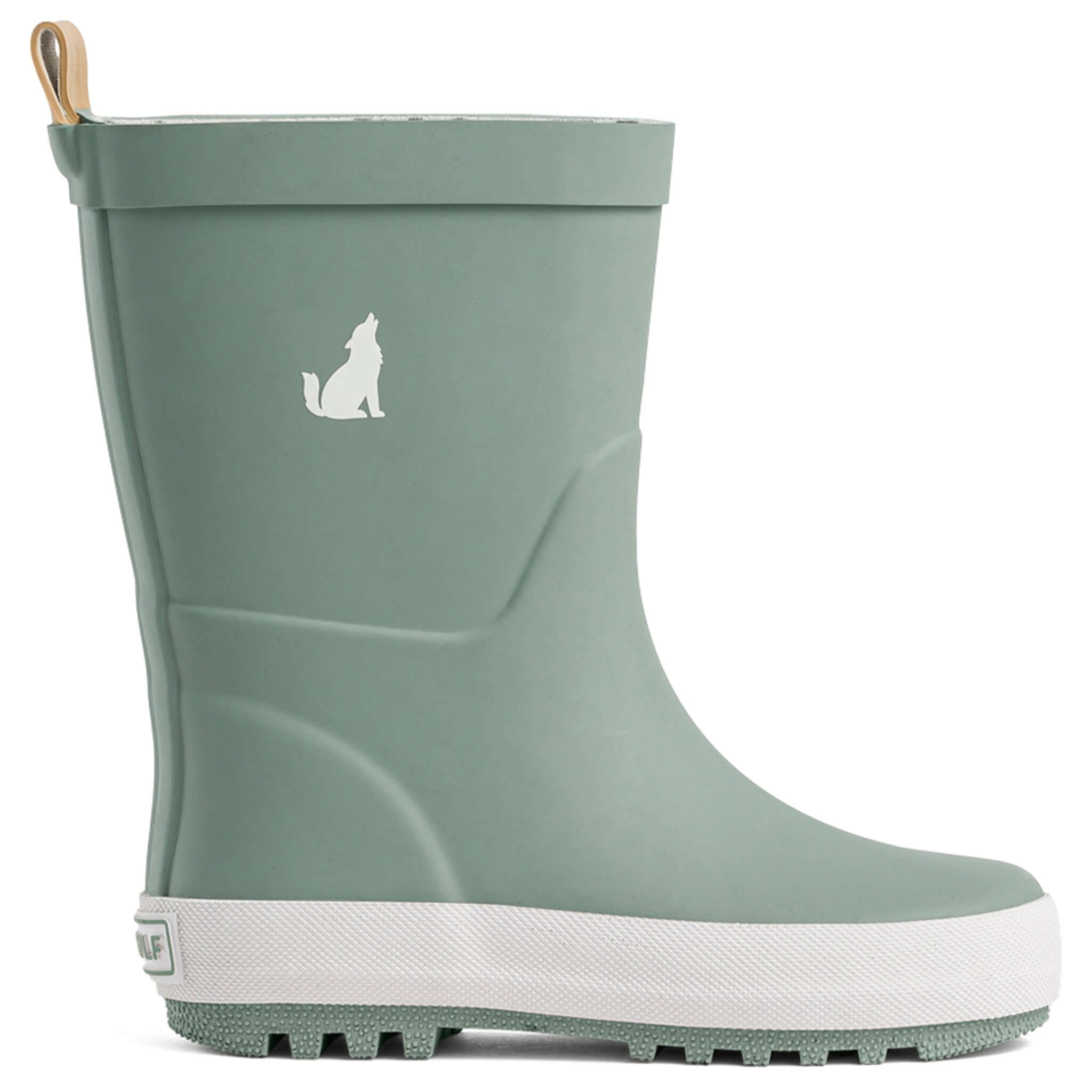 Alt Tag: Crywolf Rain Boots - Moss kids waterproof natural rubber gumboots with high-grip tread and soft cotton lining, side view