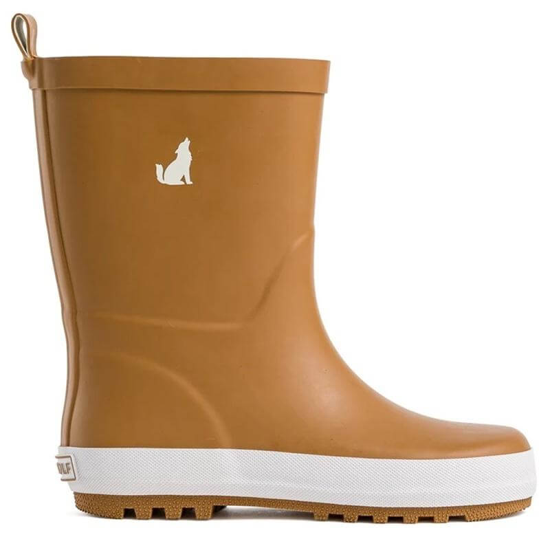 Alt Tag: Crywolf Rain Boots - Tan kids waterproof natural rubber gumboots with high-grip tread and soft cotton lining