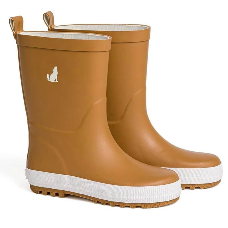 Alt Tag: Crywolf Rain Boots - Tan kids waterproof natural rubber gumboots with cotton lining and high-grip tread