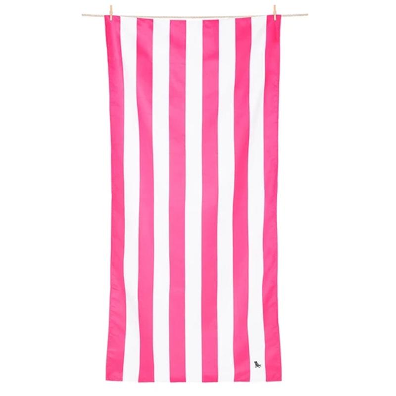 A striped beach towel hanging on a rod, with pink vertical stripes on a white background.