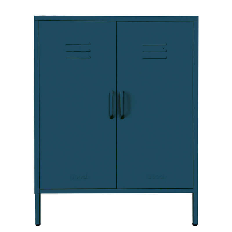 Alt Tag: Good. Edna Contemporary Metal Locker in blue steel with double doors and sleek handles for modern home storage