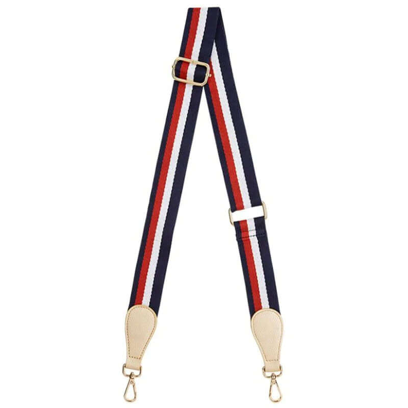 Alt Tag: Elms+King Accent Bag Strap - Light Gold with Navy Tri-Colour adjustable 4cm cotton webbing strap with light gold hardware
