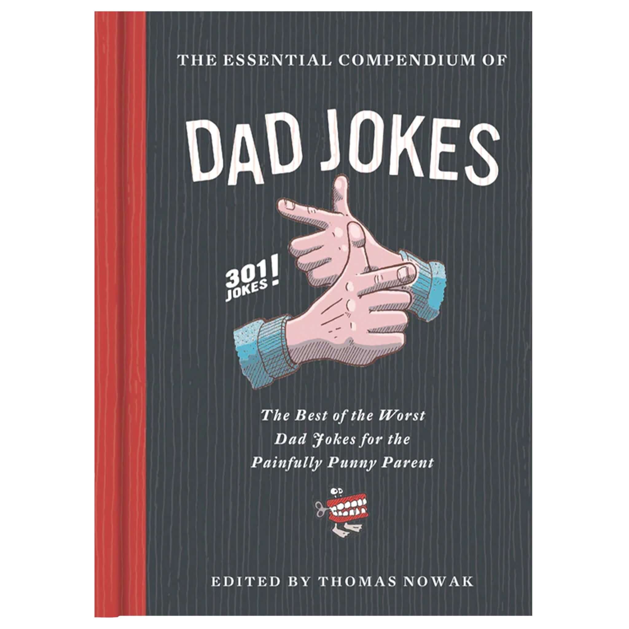 Alt Tag: Essential Compendium of Dad Jokes book cover with illustrated hands and “301 jokes” badge, pun-filled dad joke collection