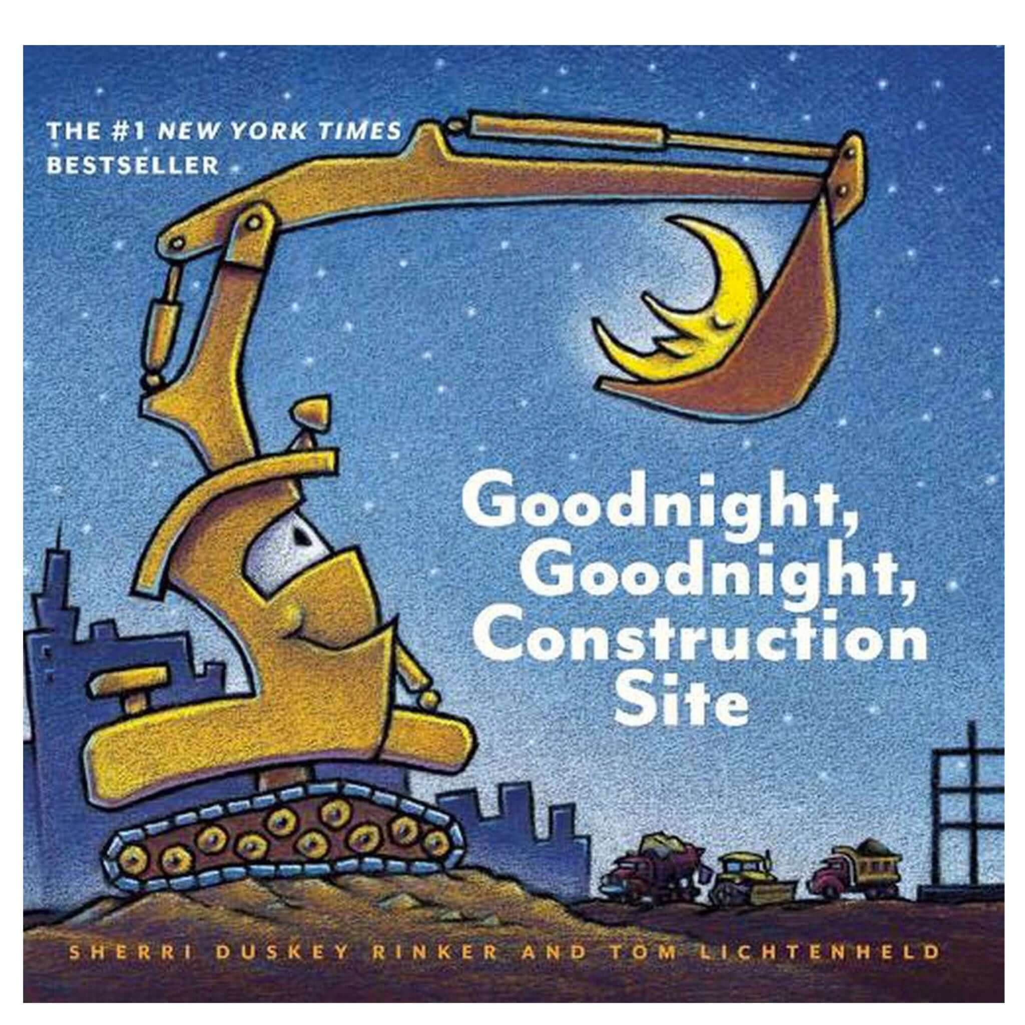 Alt Tag: Goodnight Goodnight, Construction Site board book cover with sleepy excavator under moon, bedtime construction trucks kids book