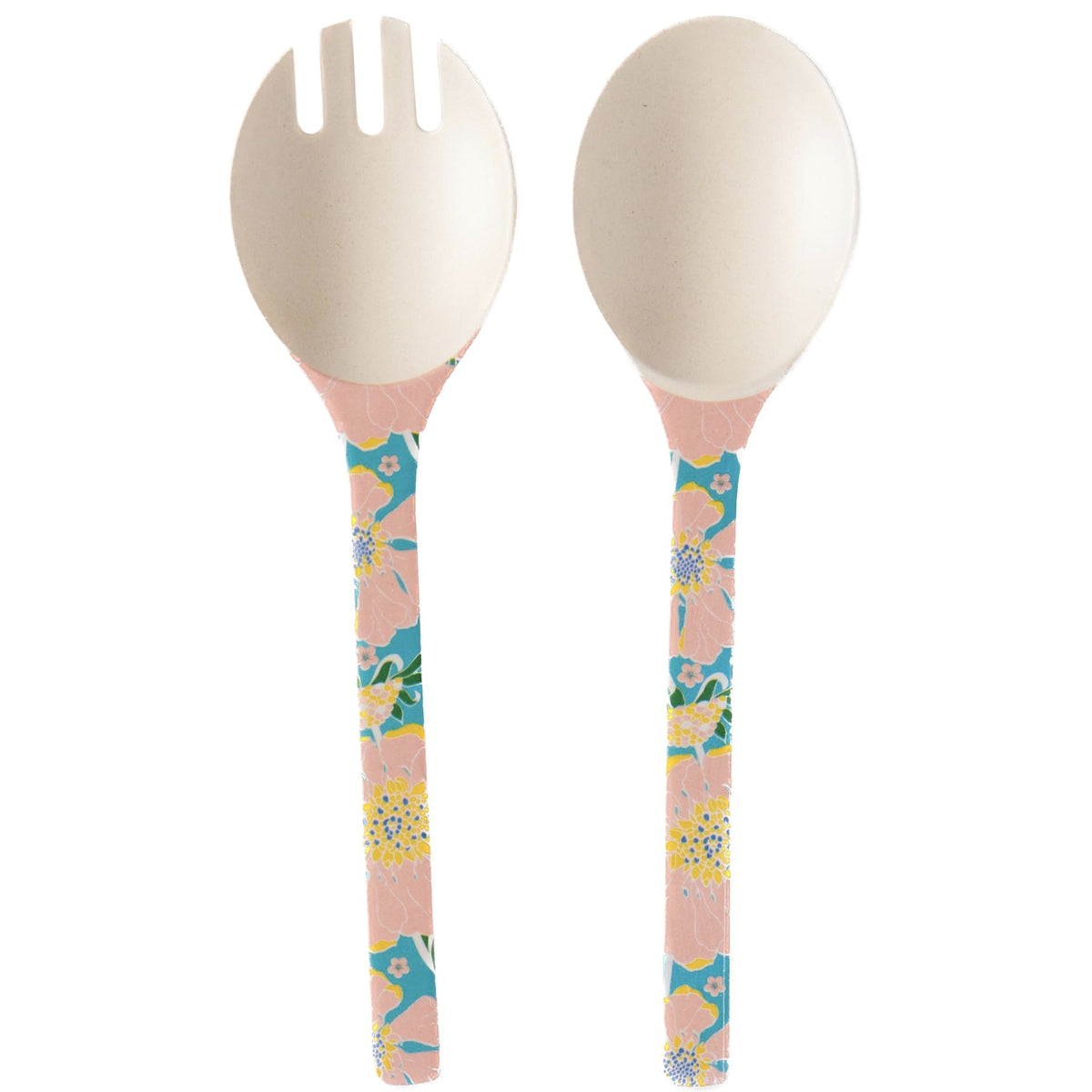 Kip & Co Bamboo Melamine Salad Servers Set Tumbling Flowers Tea Pea