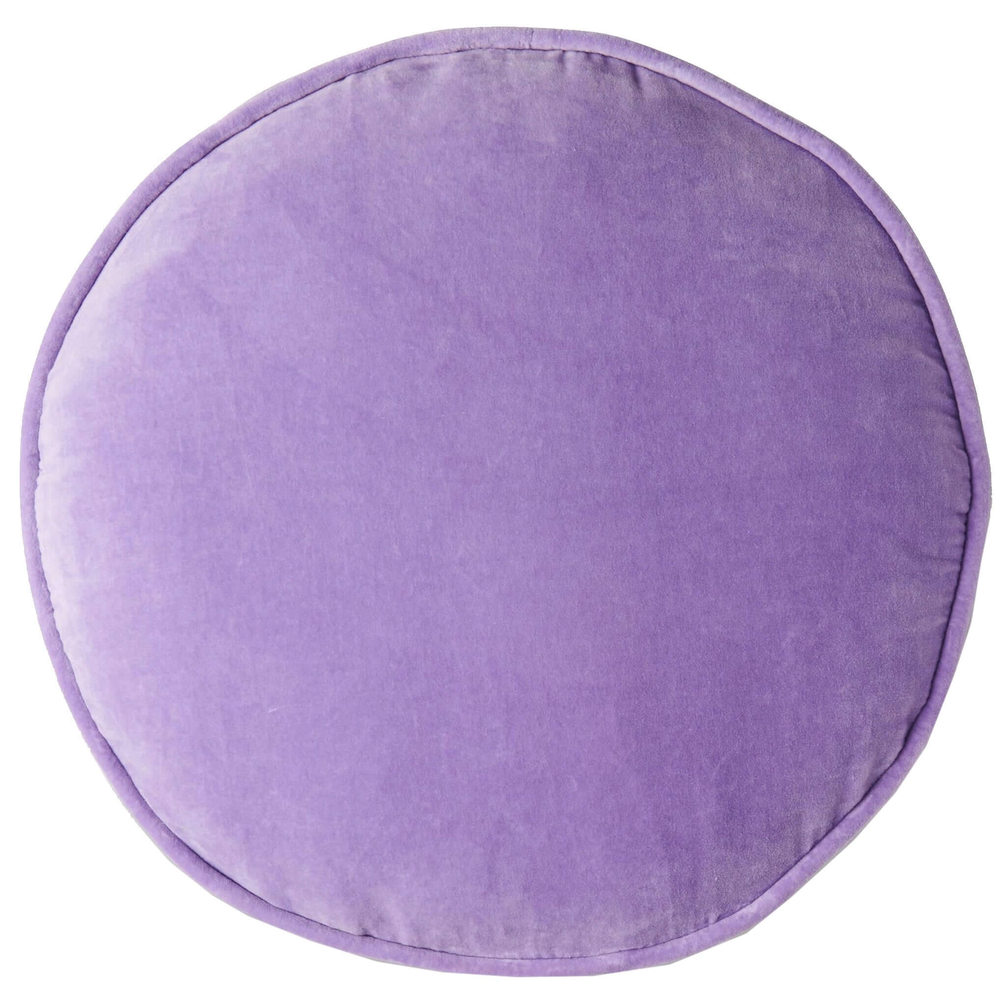 Alt Tag: Kip & Co Velvet Pea Cushion - Lilac round lilac cotton velvet cushion, soft textured décor pillow with zip removable cover