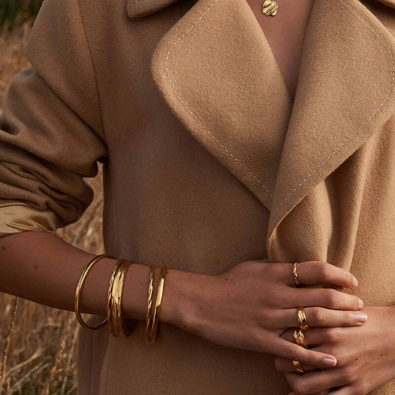 Alt Tag: Kirstin Ash In Between Collection Fold Bangle in 18k gold vermeil, organic folded bangle bracelet worn on wrist