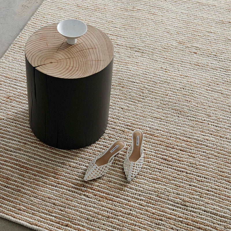 Beige rug with coffee table and shoes.