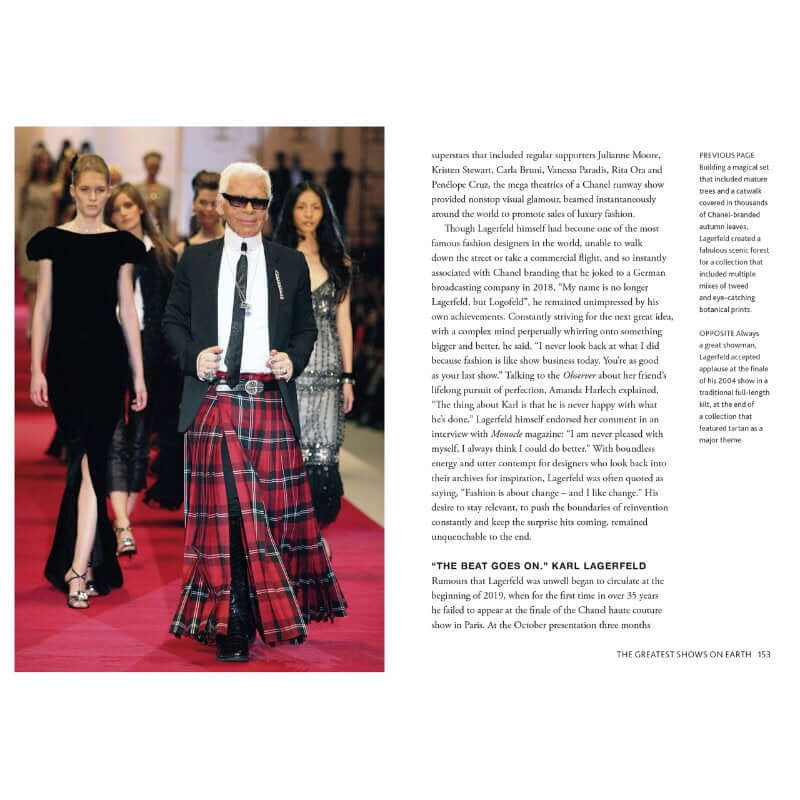 Alt Tag: Little Book of Chanel by Lagerfeld: The Story of the Iconic Fashion Designer open page showing Karl Lagerfeld runway photo and fashion history text