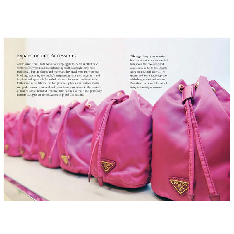 Alt Tag: Little Book of Prada page featuring Prada accessories with pink bags, showcasing iconic luxury fashion house design heritage