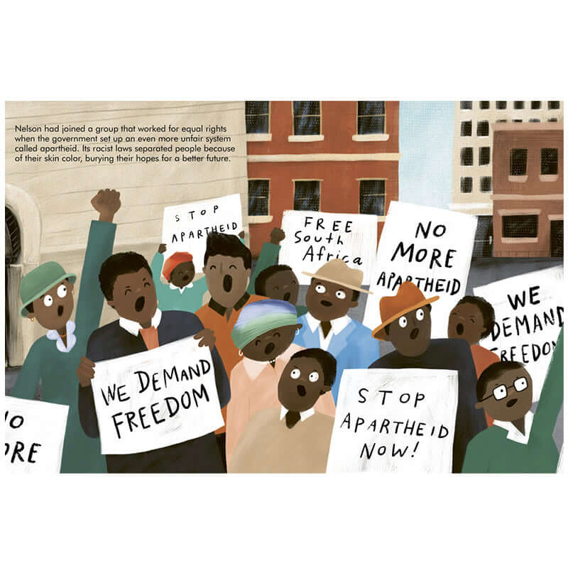 Alt Tag: Little People, Big Dreams - Nelson Mandela illustrated protest against apartheid with signs demanding freedom in South Africa