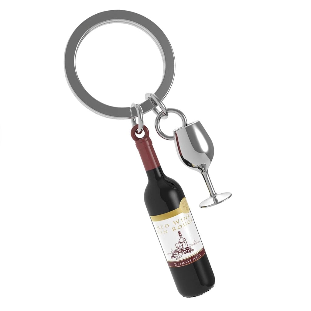 Red wine bottle and silver wine glass keychain on a white background