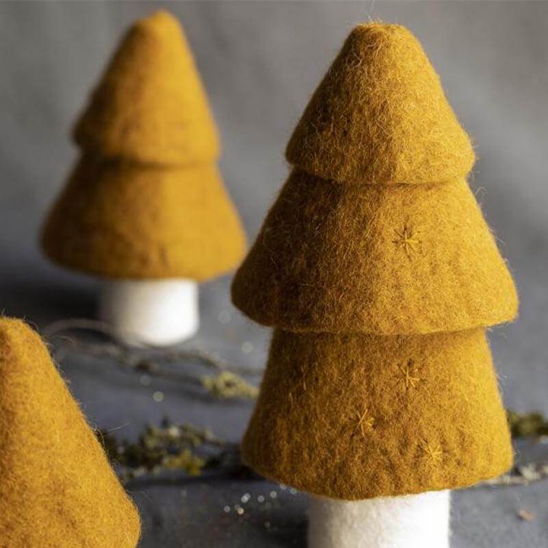 Alt Tag: Muskhane Felt Layered Tree - Gold handmade felt Christmas tree decoration with layered design and embroidered details