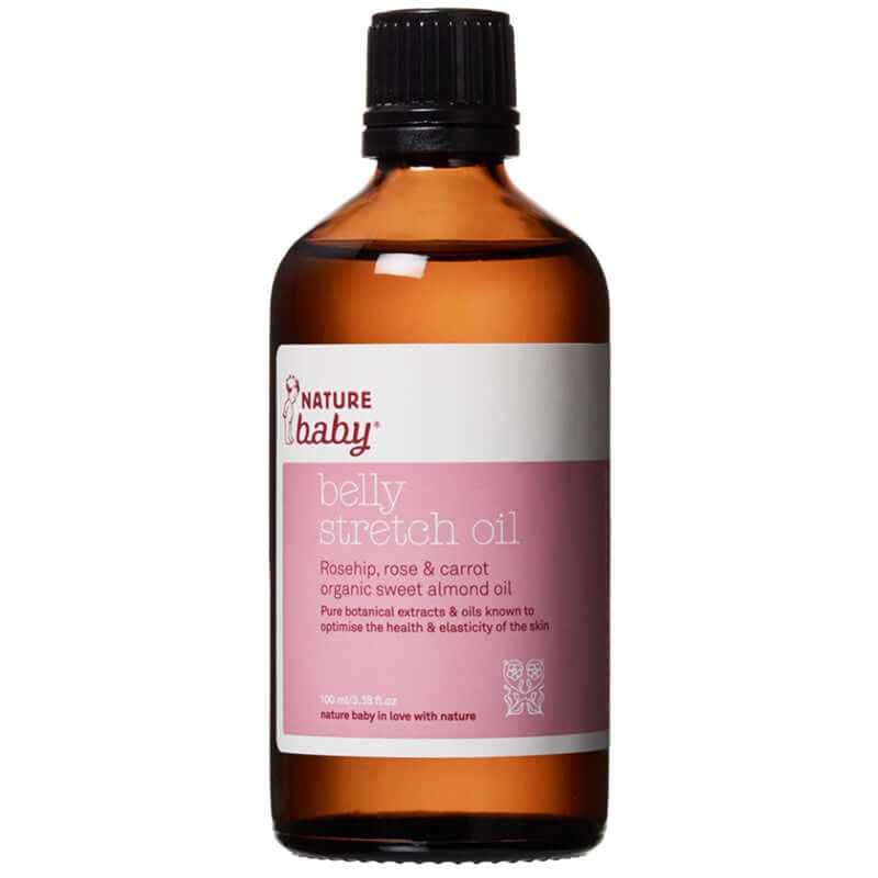 Alt Tag: Nature Baby Mum's Oil belly stretch oil bottle with botanical extracts, rosehip and sweet almond oil for pregnancy skin elasticity