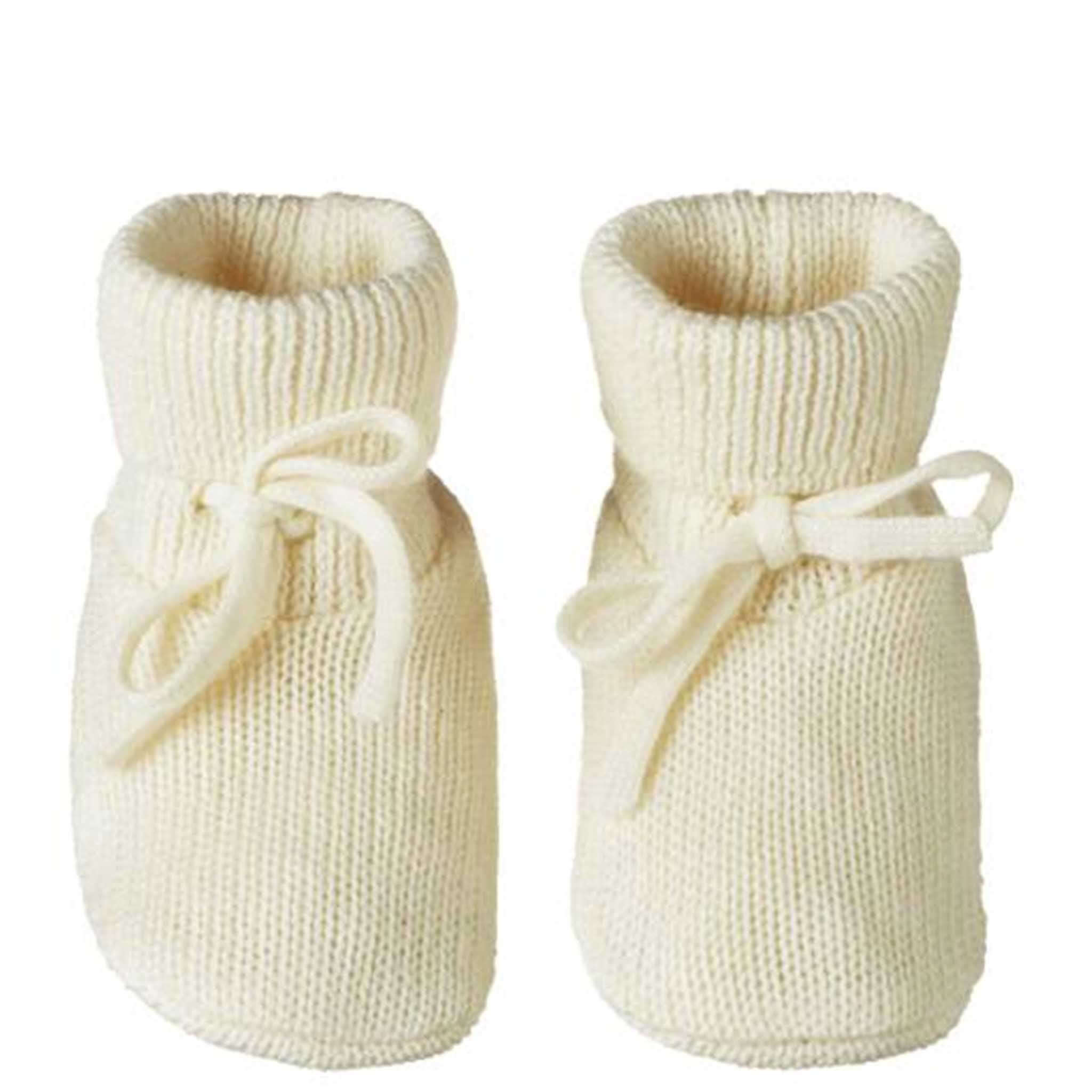 Alt Tag: Nature Baby Organic Merino Knit Drawstring Booties - Natural, organic merino wool baby booties with fold-down cuff and ankle ties