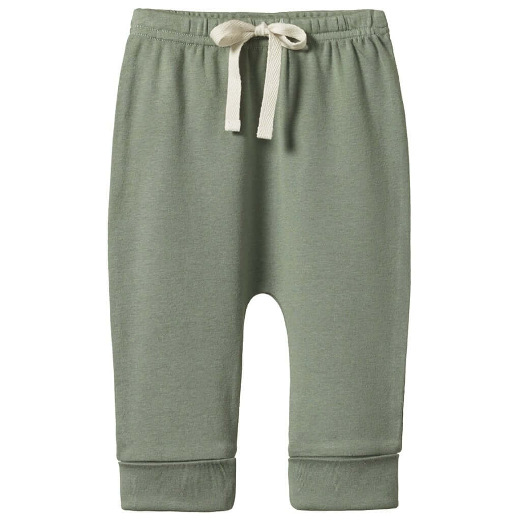Alt Tag: Nature Baby Organic Cotton Drawstring Pants - Nettle in nettle green, organic cotton baby pants with elastic waistband and tie drawstring