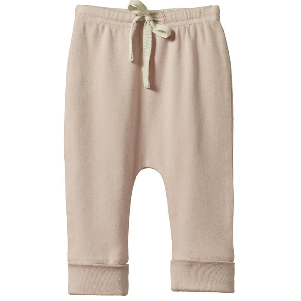 Alt Tag: Nature Baby Organic Cotton Drawstring Pants - Rose Dust baby pants with elastic waist, drawstring tie and cuffed tapered legs