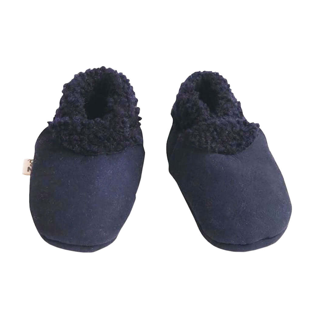Alt Tag: Nature Baby Lambskin Booties - Navy handmade New Zealand lambskin baby slippers with soft fluffy lining for warm indoor wear