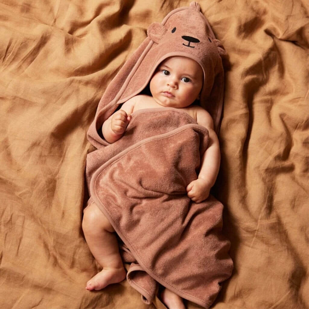 Alt Tag: Nature Baby Organic Cotton Bear Hooded Towel - Hazelnut on baby, ultra-soft GOTS organic cotton terry towel with bear hood ears